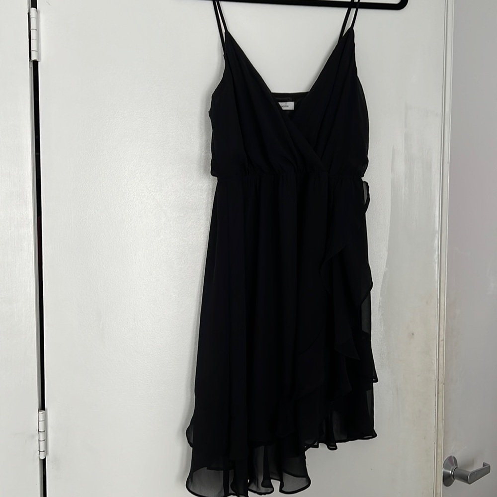 BCBG black mini dress with ruffle hem and adjustable straps